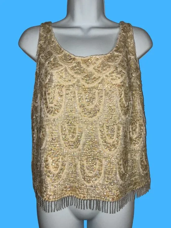 Sz.L*Thayer Sophisticates*Vintage Cream-Colored Beaded & Sequined Tank Top - Picture 3 of 8